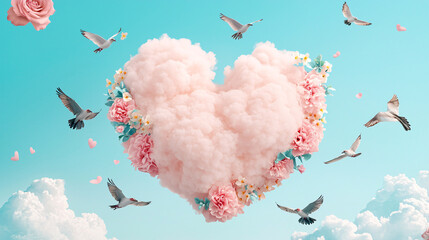 Wall Mural - a heart with birds flying around it. the birds are scattered around the heart, some are flying close