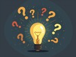 © Apaporn - Creative illustration of a glowing light bulb surrounded by colorful question marks on a dark background, symbolizing ideas and curiosity.