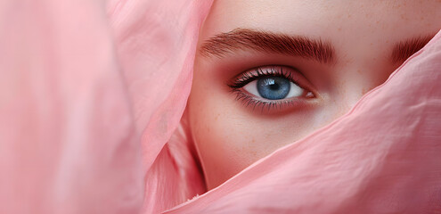 Wall Mural - Close-up of a woman’s face half-covered by a pink fabric, emphasizing her blue eye and fair skin. Suitable for beauty, fashion, and elegance themes.