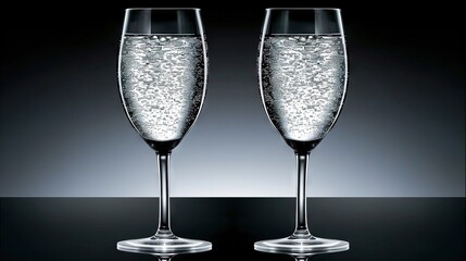 Wall Mural -   A pair of wine glasses perched atop a black table against a dark backdrop