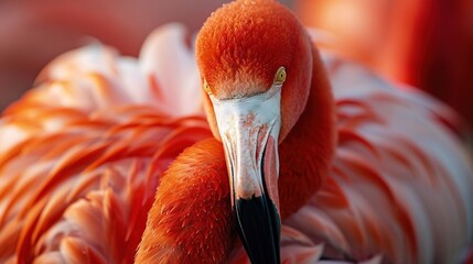 Wall Mural -   Close-up image of a flamingo's head and neck with blurred background showing its feathers