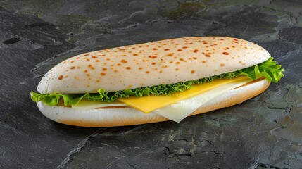 Sticker -   A sub sandwich with cheese and lettuce on a black slate countertop against a black slate background