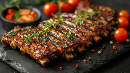 Wall Mural - Barbecue fried Grilled lamb ribs and vegetables. Organic Grilled Lamb Chops