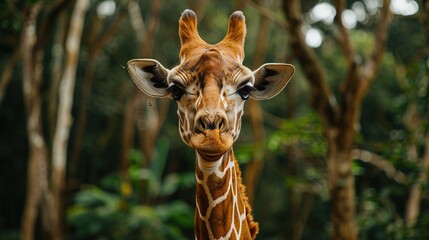 Poster -   A close-up of a giraffe's face with trees in the foreground