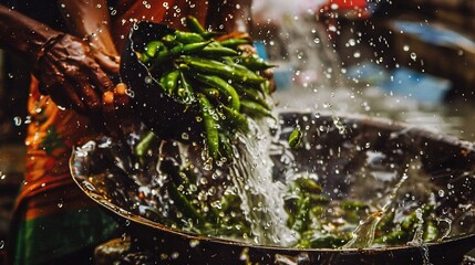 Wall Mural -   A close-up of someone pouring water into a metal bowl filled with green peppers, photographed on a table