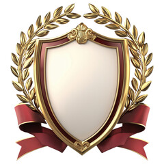 Poster - Luxurious white and gold shield with red ribbon and laurel wreath isolated on a transparent background, symbolizing achievement and honor.
