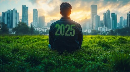 Poster - A man sits in a field with the number 25 on his jacket