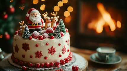 Poster - A Christmas cake adorned with Santa and reindeer figurines, festive colors, and holiday decorations, fireplace in the background