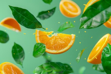  Falling Fresh Orange half slice in the air with green leaves isolated in the background, popular fruit with high vitamin and nutrition.