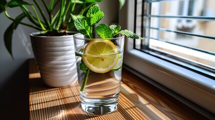 Wall Mural -   A glass of water with a lemon slice and fresh mint sits next to a potted plant on a window sill