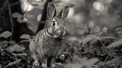 Wall Mural -   Black & White Rabbit in Forest - A photo of a black and white rabbit sitting amidst green leaves and a tree in the background