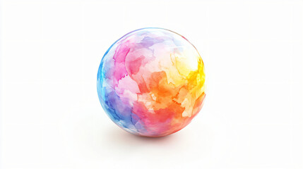 A watercolor bouncy ball with a shiny, colorful surface on a plain white background