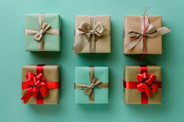 Wall Mural - Colorful christmas gift boxes with ribbon bows on mint background