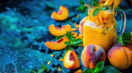 Poster -   Blue surface with surrounding orange juice, peaches, and mint leaves