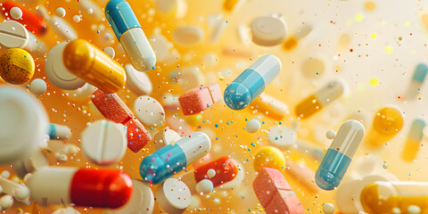 The image showcases a diverse assortment of colorful pills and medications floating in an animated abstract backdrop, ideal for themes related to healthcare and pharmaceuticals