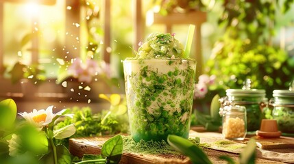 Wall Mural -   A macro shot of a green elixir in a goblet on a table with bouquets and vases full of verdant ingredients