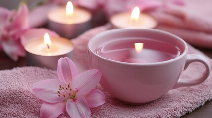 Wall Mural - Cup of tea wit lily blossom and candles spa composition background