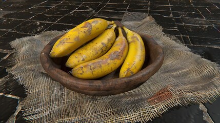 Poster -   A wooden bowl of ripe bananas atop a burgled cloth on a wooden table