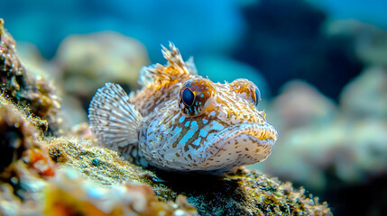 A stonefish camouflaged on the rocky seabed.