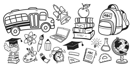 Wall Mural - vector line art cute illustration collection of back to school education symbols and objects