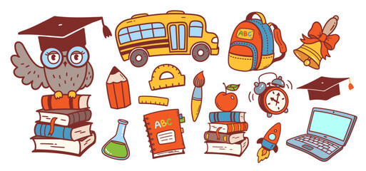 Wall Mural - vector color cute illustration set of back to school education symbols and objects