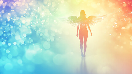 Silhouette of a woman with angel wings in the colorful bokeh background. Spiritual or religious concept. Astral body concept. 