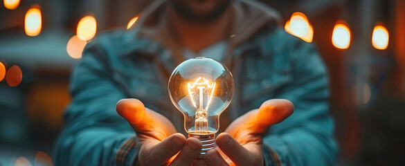 Poster - An entrepreneur with an idea, a light bulb of inspiration. Generative AI.