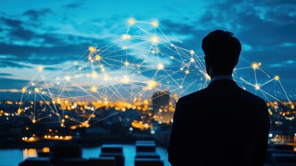Poster - A man is looking at globe and cities on it. Concept of technology and globalization, as well as the idea of a connected world
