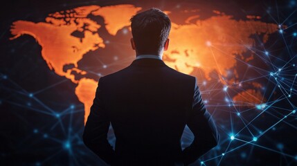 Aufkleber - A man in a suit is looking at a map of the world. The map is filled with lines and dots, and the man is focused on it. Concept of curiosity and exploration