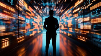 Poster - A man stands in a room with a lot of lights and numbers