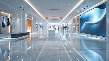 Aufkleber - Modern enterprise hall, tie display hall, light gray reflective floor, white ceiling, an oversized led screen near the front, and silk and tie displays on the wall. Generative AI.