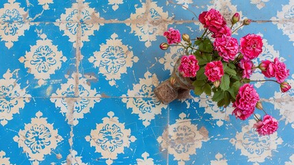 Poster -   A vase filled with pink flowers sits atop a blue-white tiled floor, alongside another vase of pink blooms