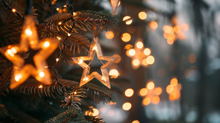 a star ornament hanging from a christmas tree with string lights
