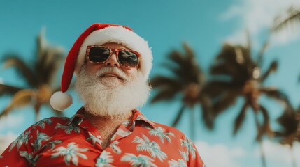 Tropical Santa in Sunglasses and Palm Print Shirt Celebrating Christmas Under Palm Trees