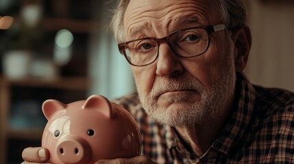 Senior elderly man holding piggy bank retirement savings composition background