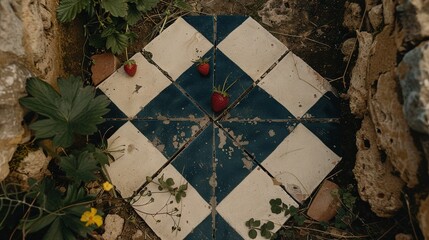 Poster -   A blue-and-white tiled surface, with strawberries on top, beside a stone wall and a planter