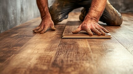 Laminate wood planks are laid on the floor underlayment by men's hands. An interior view of a renovated apartment shows a man installing laminate flooring. Renovation idea involving hardwood floors.