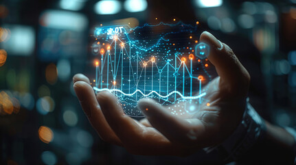 Poster - Close-up of the man hand holding a hologram of economic growth graph. Generative AI.