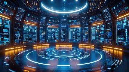 Poster - A large round room with an illuminated floor, futuristic digital blue background with glowing lines and circles on the ground and screens on the walls. Generative AI.