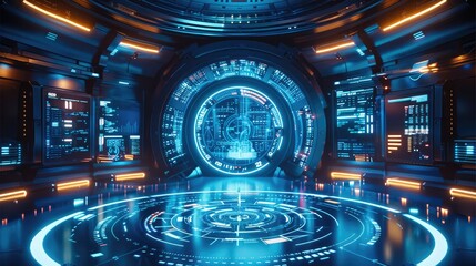 Poster - A large round room with an illuminated floor, futuristic digital blue background with glowing lines and circles on the ground and screens on the walls. Generative AI.