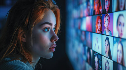 Poster - A female worker staring at the screen of a Zoom meeting with many participants, looking completely drained, depressed. Generative AI.
