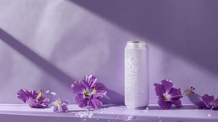 Wall Mural -   A bottle of water sits on a table with purple flowers and water droplets dripping from its base