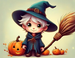 Wall Mural - Illustration with a cute little witch and broom , happy Halloween