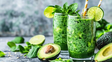 Wall Mural -  Two glasses filled with green smoothie sit next to sliced avocado and limes, each with a straw