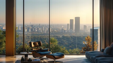 Aufkleber - Huge floor-to-ceiling Windows, inside is luxury furniture, outside the window is the forest, the distance is the city. Generative AI.