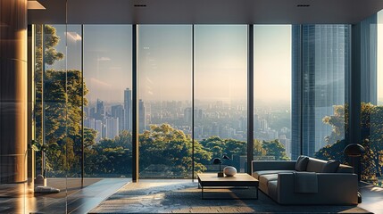 Poster - Huge floor-to-ceiling Windows, inside is luxury furniture, outside the window is the forest, the distance is the city. Generative AI.