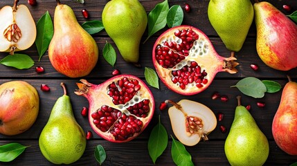 Poster -   A collection of pears and pomegranates adorned with foliage atop a wooden surface, accompanied by additional pomegranates