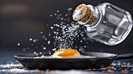 Wall Mural -   An egg fried in a frying pan with salt and pepper sprinkled on top