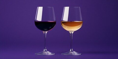 Purple tuned two luxury wine glasses with wine isolated on purple background with copy space, concept of graceful high quality lifestyle, wine tasting, dating, winery, advertisement, web banner.