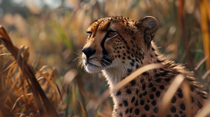 Poster -   A close-up of a cheetah's face in a field of tall grass